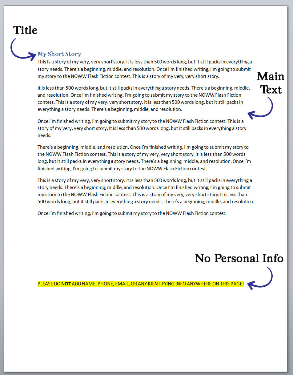Sample of formatting for NOWW Flash Fiction Contest
